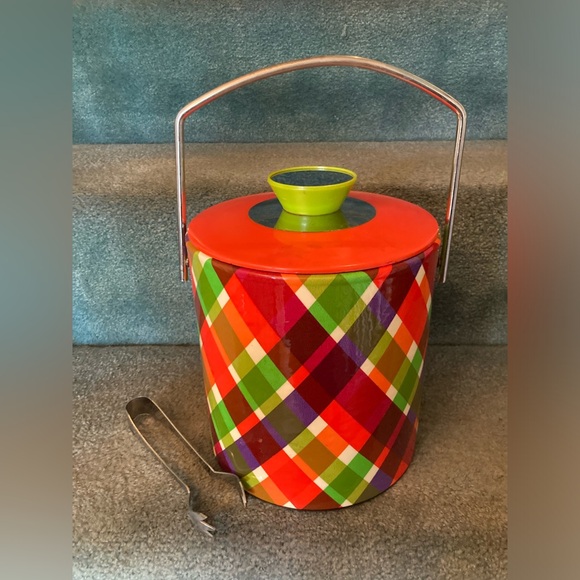 FABULOUS Vintage Vinyl PLAID Ice Bucket and Tongs RETRO 1960’s 1970’s EUC - Picture 10 of 15